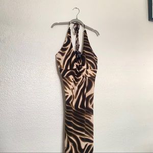 Brown Zebra Halter Y2k Maxi Dress